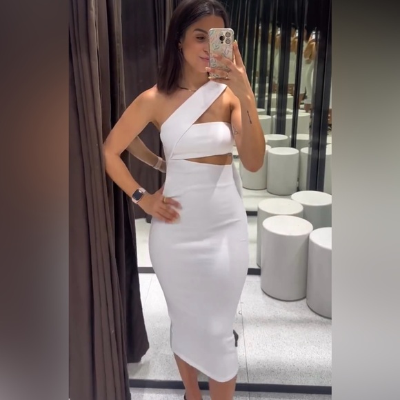 Zara white midi dress cropped one shoulder ribbed cotton fitted bodycon - Picture 6 of 16